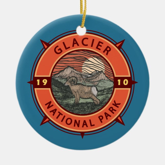 Glacier National Park Retro Bighorn Sheep Compass Keramik Ornament (Vorne)