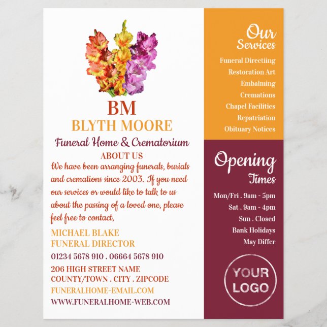 Gladiolus Blume, Beerdigung Zuhause, Direktoren Flyer (Vorne)