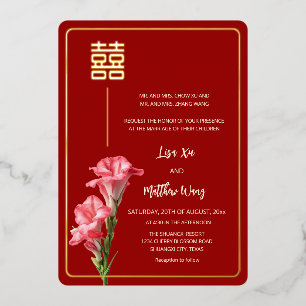 Gladiolus-Blume Rot Gold Chinesische Hochzeit Folieneinladung