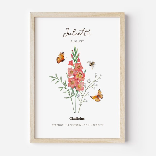 Gladiolus Geburtstagsmonats-Blumenposter Poster (Example of gladiolus birth flower poster once framed. )