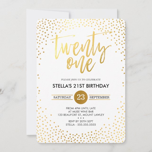 GLAM 21. BIRTHDAY PARTY Mini-Gold Konfetti schwarz Einladung (Vorderseite)
