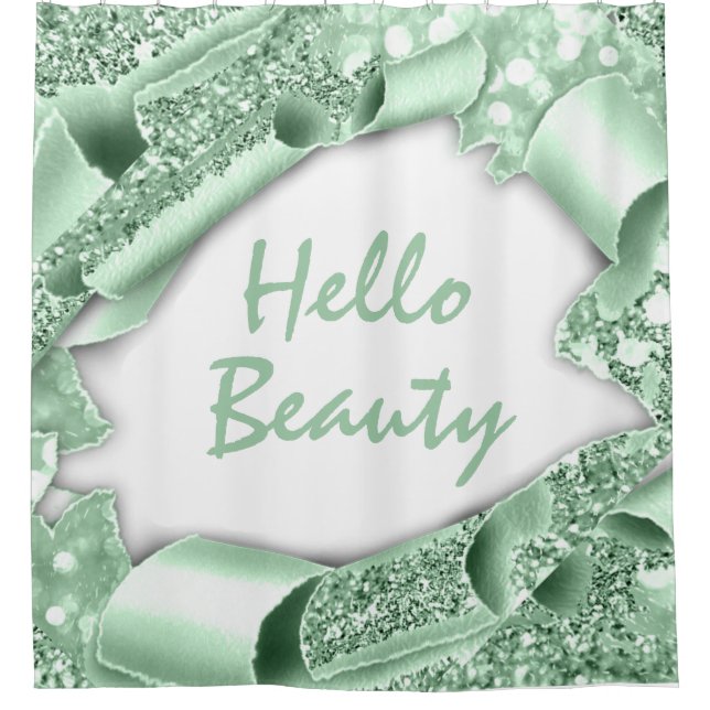 Glam 3D Frame Mint GREEN GLITZER HELLO Girly Duschvorhang (Vorderseite)