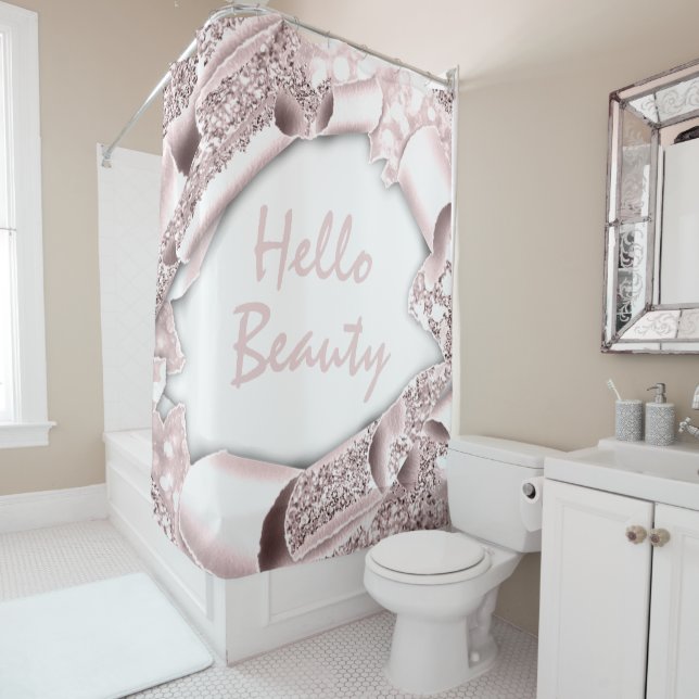 Glam 3D Frame ROSE GOLD GLITZER HELLO Girly Duschvorhang (Beispiel)