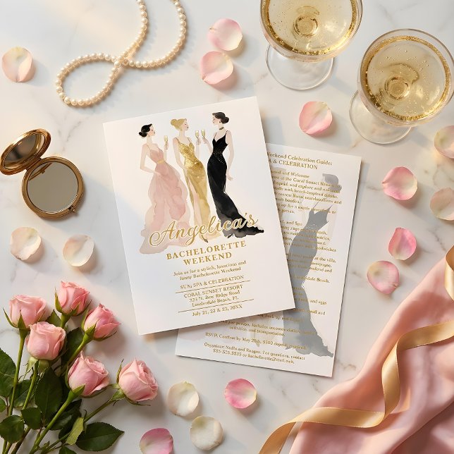 Glam 4 Women Elegant Evening Dresses Bachelorette Einladung (Glamorous Four Women in Elegant Evening Dresses Bachelorette Weekend Wedding Invitation Cards.)