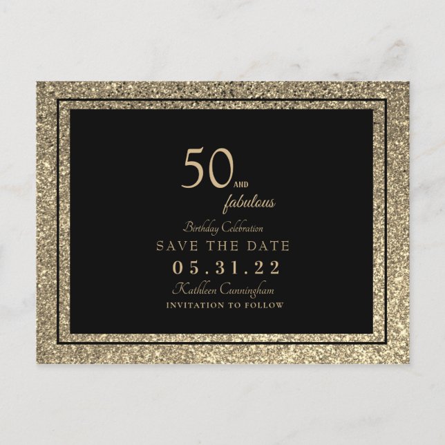 Glam 50 & Fabulous Gold Glitzer Save the Date Post Postkarte (Vorderseite)
