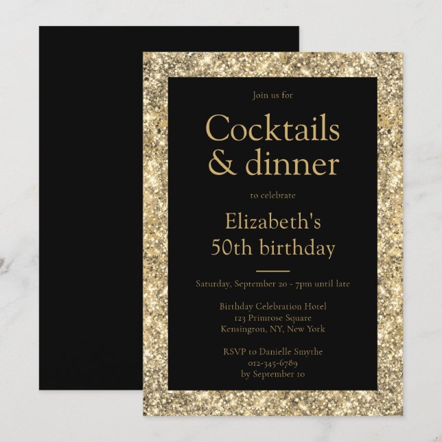 Glam 50. Geburtstag Black Gold Einladung (Vorne/Hinten)