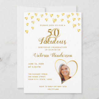 Glam 50 und fabelhaftes Foto Weiß und Gold Geburts Einladung