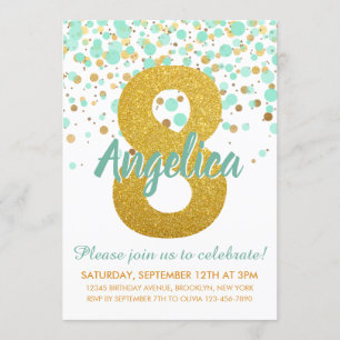 Glam 8. Geburtstag Mint Green Gold Glitzer Confett Einladung