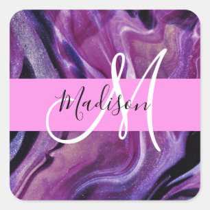 Glam Abstrakt Lila Shimmer Textur Rosa Monogramm Quadratischer Aufkleber