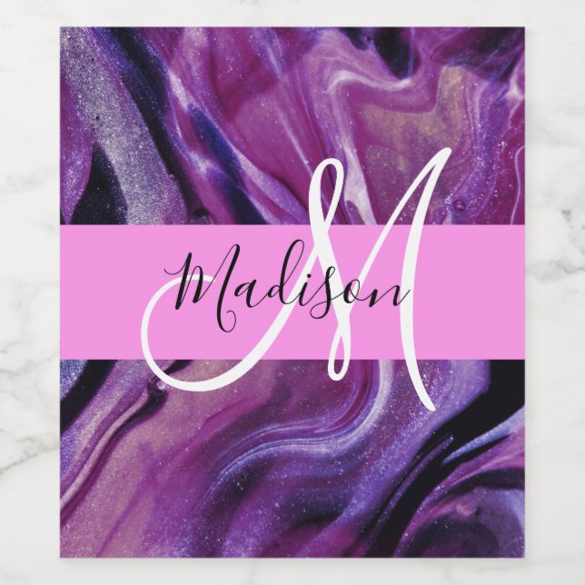 Glam Abstrakt Lila Shimmer Textur Rosa Monogramm Weinetikett (Einzelnes Label)