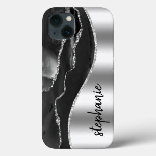 Glam Achat Geode Metallic Silber Schwarz Name Case-Mate iPhone Hülle