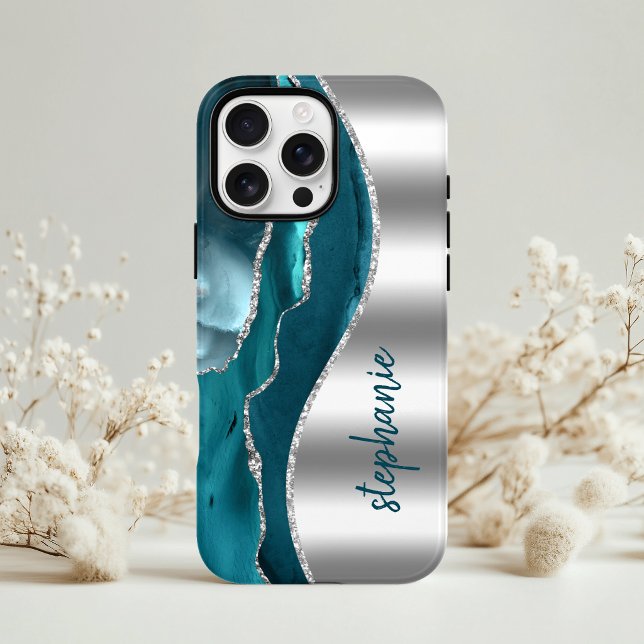 Glam Agate Geode Metallischer Silbername Aquamarin Case-Mate iPhone Hülle (Von Creator hochgeladen)