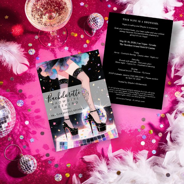 Glam and Funny Showgirl Dancing Disco Bachelorette Einladung (Glam and Funny Showgirl Dancing Disco Wedding Bachelorette Weekend Invitations Cards. )