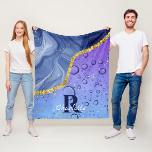 Glam Aqua Blue Water Droplets Ombre Monogramm Fleecedecke