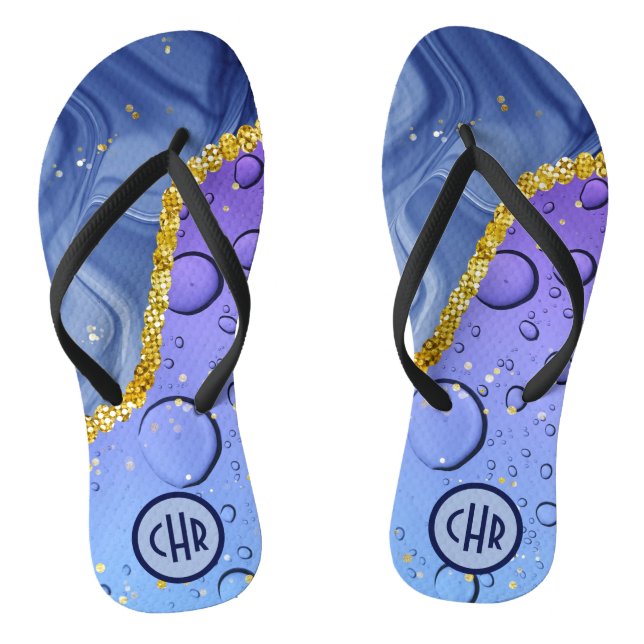 Glam Aqua Blue Water Droplets Ombre | Monogramm Flip Flops (Fußbett)