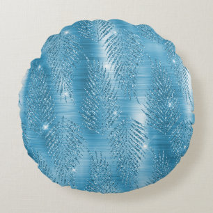 Glam Aqua Tropical Glitzer Blätter Rundes Kissen