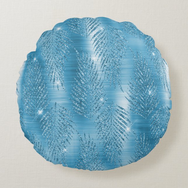 Glam Aqua Tropical Glitzer Blätter Rundes Kissen (Vorderseite)