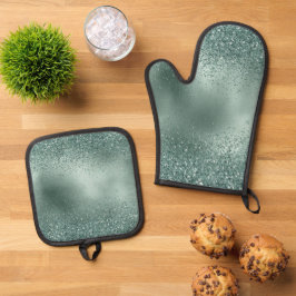 Glam Aquamarin Aqua Pine Green Glitzy Glitzer Ofenhandschuh & Topflappen-Set