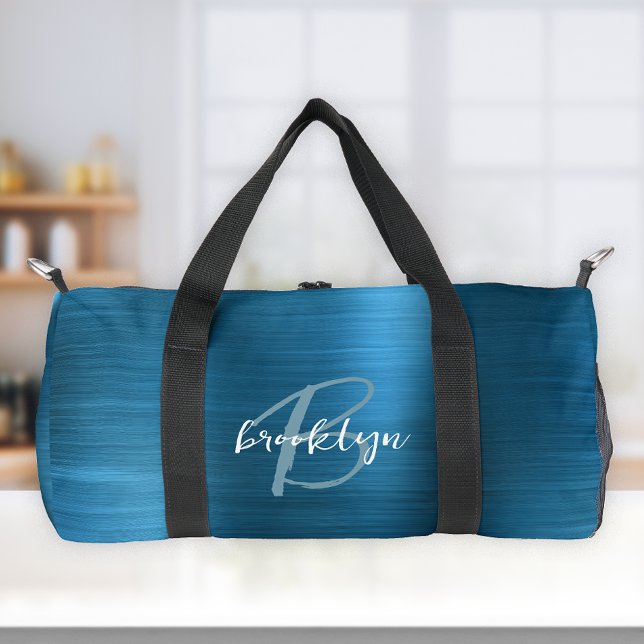 Glam Aquamarin Blue Brushal Metal White Monogram Duffle Bag (Von Creator hochgeladen)