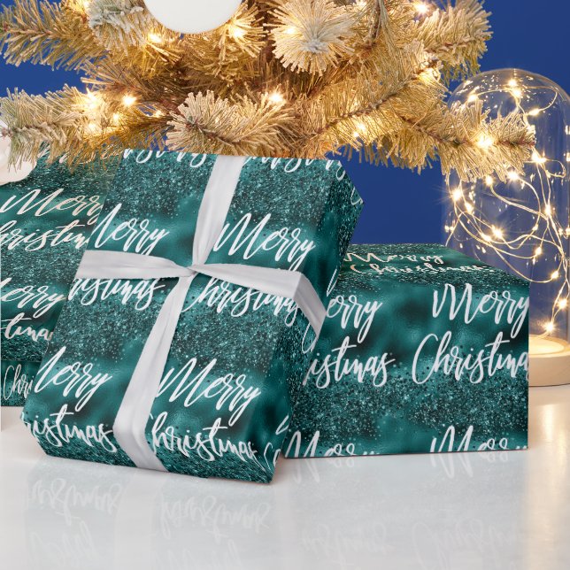 Glam Aquamarin Foil Glitzer Frohe Weihnachtskallig Geschenkpapier (Feiertage)