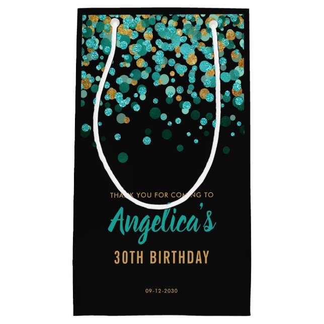 Glam Aquamarin Gold Glitzer Confetti Black Birthda Kleine Geschenktüte (Vorderseite)