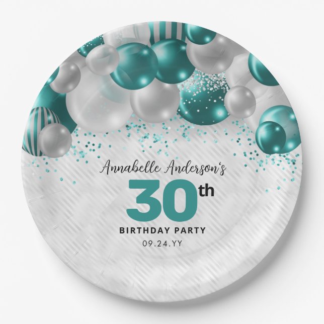 Glam Aquamarin Green Silver Ballon Glitzer Geburts Pappteller (Vorderseite)