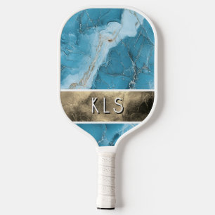 Glam Aquamarin Marble Gold Foil Monogram Pickleball Schläger