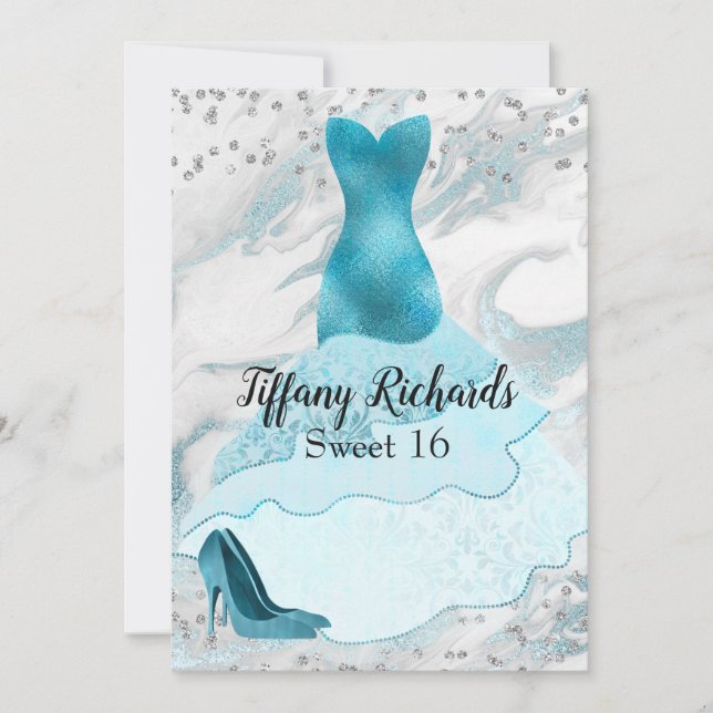 Glam Aquamarine Gown Sweet 16 Einladung (Vorderseite)