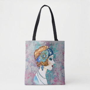 Glam Art Deco Flapper-Girl Grau Türkis Rosa Name Tasche