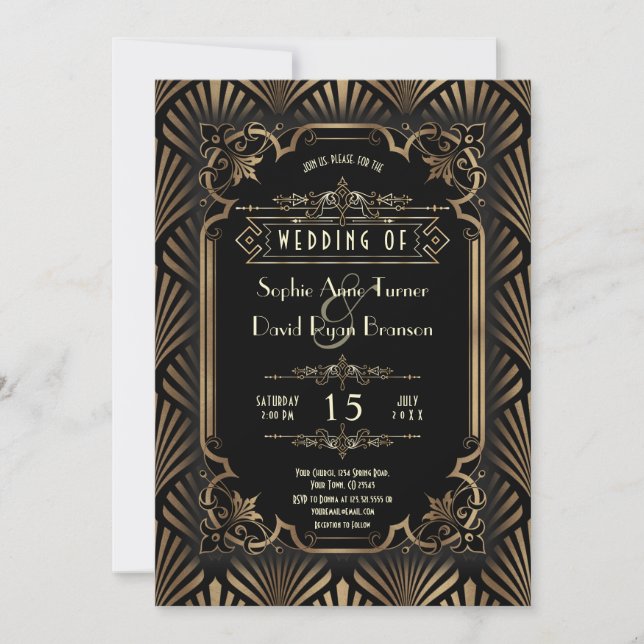 Glam Art Deco Gold Black Gatsby 20s Style Wedding Einladung (Vorderseite)