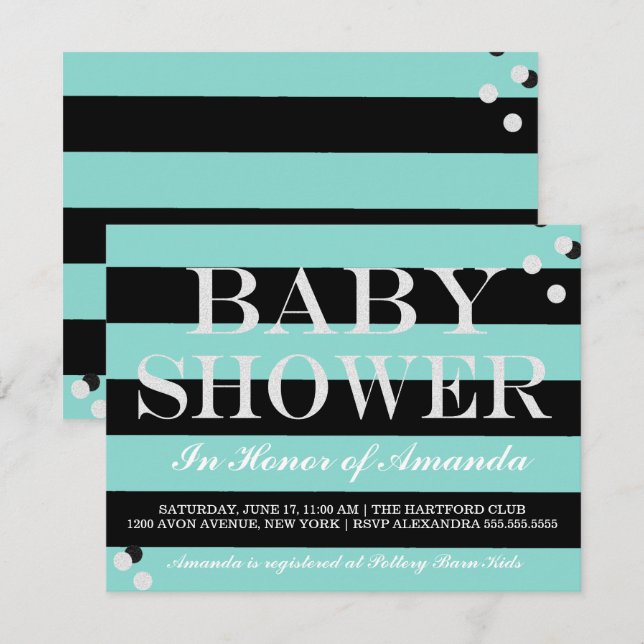 Glam BABY Aquamarin Blue & Silver Sprinkle Dusche  Einladung (Vorne/Hinten)