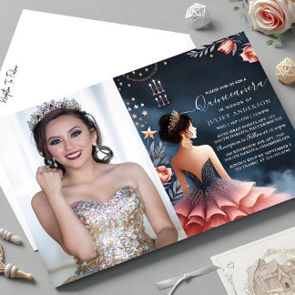 Glam Ball Gown Spark Dark Navy Blue Quinceanera Einladung