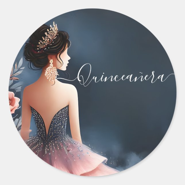 Glam Ball Gown Spark Dark Navy Blue Quinceanera Runder Aufkleber (Vorderseite)