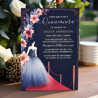 Glam Ball Gown Spark Dunkle Marine Blue Quinceaner Einladung