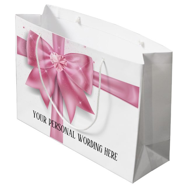 Glam Big Pink Satin Geschenk Bogen Diamant Glitzer Große Geschenktüte (Rückseite Schrägansicht)