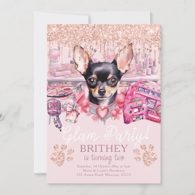 Glam Birthday Elegante Dog Glitzer Einladung (Vorderseite)