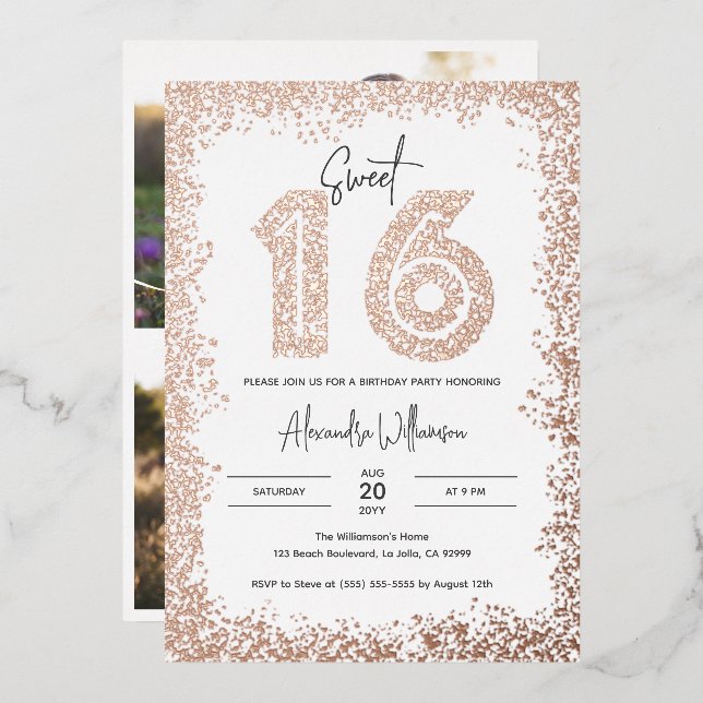 Glam Birthday Party Real Rose Gold Foto Sweet 16 Folieneinladung (Vorderseite/Rückseite)