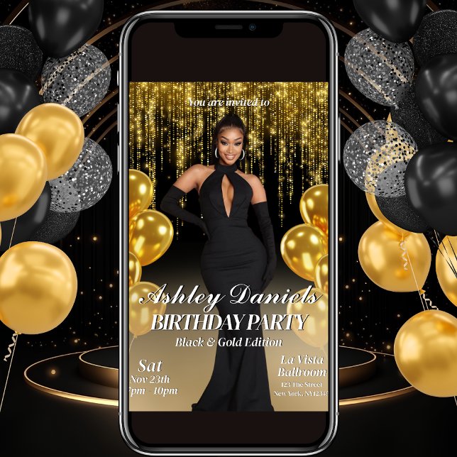 Glam Black and Gold Anniversaire Party Invitation (Créateur téléchargé)