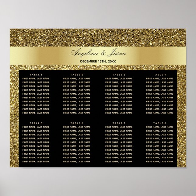 Glam Black and Gold Glitzer Hochzeitsdiagramm Poster (Vorne)
