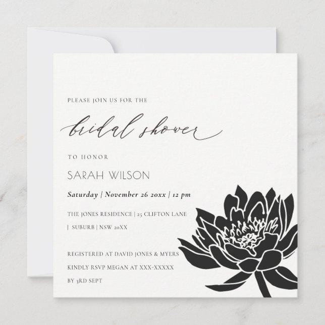 Glam Black and White Lotus Floral Bridal Shower Einladung (Vorderseite)