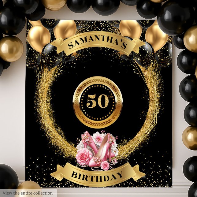 Glam Black Balloons Banner mit rosa High Heels Wandteppich (Glam Black Balloons Banner with Pink High Heels Tapestry)