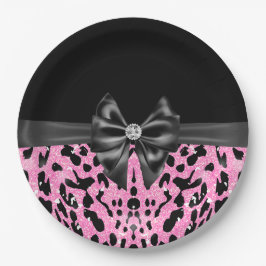 Glam Black Bow Diamond Pink Glitzer Leopard Pappteller