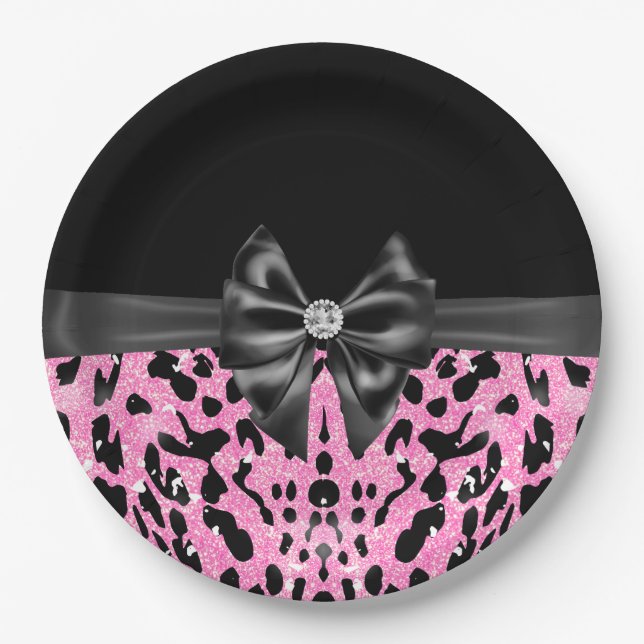 Glam Black Bow Diamond Pink Glitzer Leopard Pappteller (Vorderseite)
