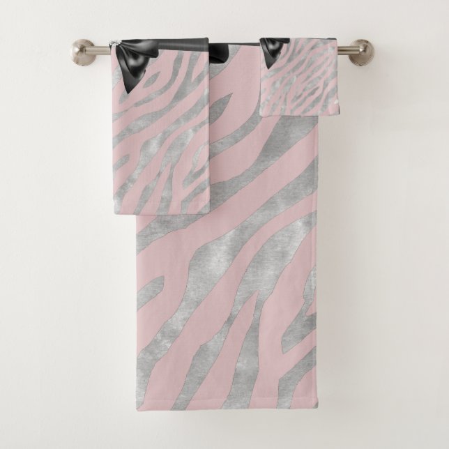 Glam Black Bow Diamond Pink Silver Zebra Print Badhandtuch Set (Insitu)