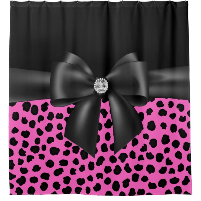 Glam Black Bow-Pink Leopard Print Black Duschvorhang (Vorderseite)