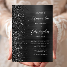 Glam Black Brushed Metal Glitzer Script Wedding