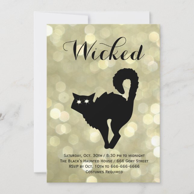 Glam Black Cat auf Gold Halloween Costume Party Einladung (Vorderseite)
