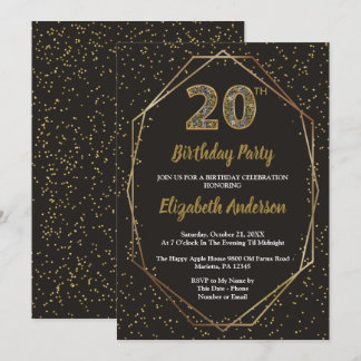 Glam Black Gold 20th Birthday Party Einladung