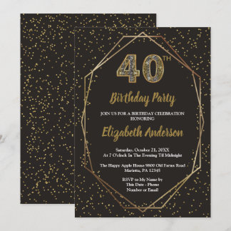Glam Black Gold 40th Birthday Party Einladung