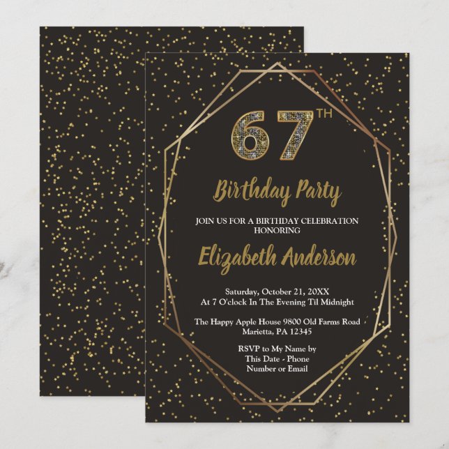 Glam Black Gold 67th Birthday Party Einladung (Vorne/Hinten)